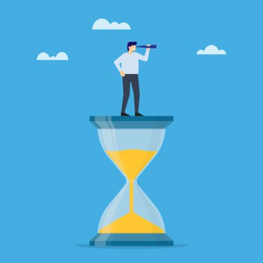 Kum saati Monoküler ayakta ile iş adamı. İş zaman yönetimi. Vektör çizim