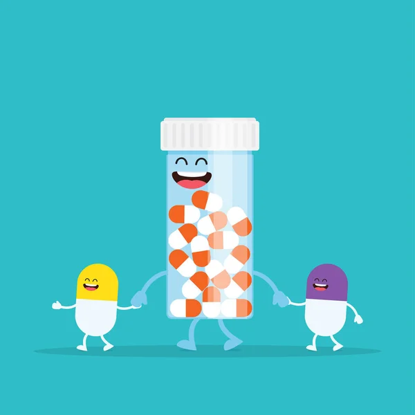 Αστεία Χαρακτήρες Κινουμένων Σχεδίων Χάπια Κάψουλες Εικονογράφηση Διάνυσμα Λευκό Φόντο — Διανυσματικό Αρχείο