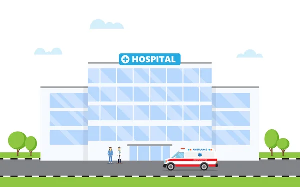 医院大楼、医生和救护车 — 图库矢量图片