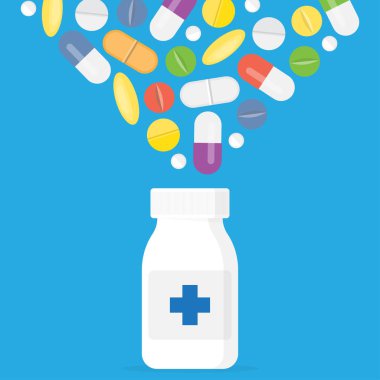 Tabletler ve kapsüller, tabletler için beyaz şişe. Mavi arka plan, vektör çizim ilaç tıp hapları.