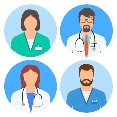 Doktor ve hemşire avatarlar Icon set. Hastane personeli. Tıbbi karakter dönük. Vektör çizim