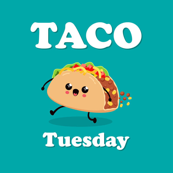 Vintage Mexican food poster design with vector taco character, mexican food, traditional tacos isolated from background, taco fast food, tuesday