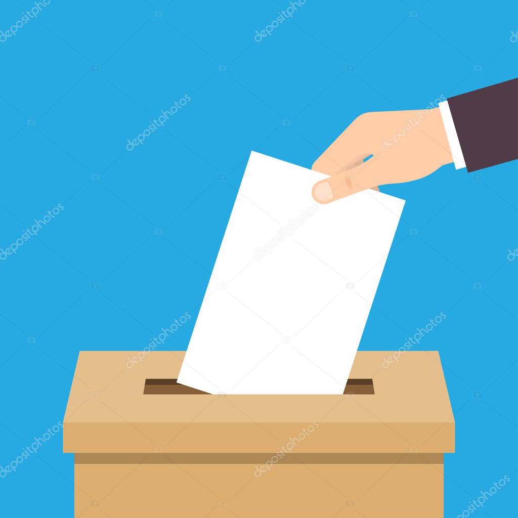 Vote. Hand putting voting paper in ballot box. Voting concept. Vector illustration