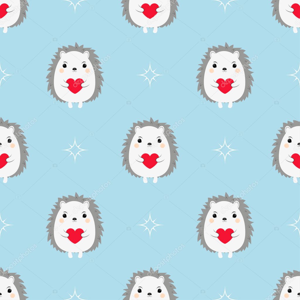 cartoon hedgehogs with hearts seamless pattern, background for Valentines Day and Birthday greeting cards, fabric, wrapping paper