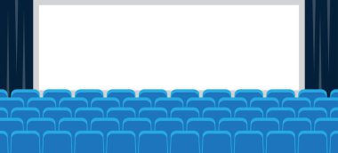 Sinema ile beyaz perde ve boş mavi sandalye sandalyeler. Vektör çizim
