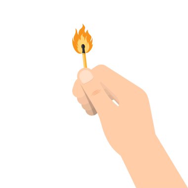 El yanan bir maç sopa tutar. Düz stil. Beyaz arka plan üzerinde izole vektör çizim.