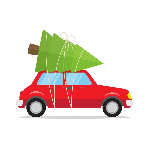 Rode Auto Met Een Kerstboom Het Dak Kerstkaart Vectorillustratie — Stockvector