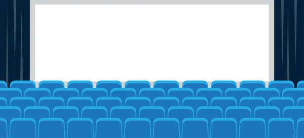 电影院配有白色屏幕和空蓝色座椅椅 向量例证 — 图库矢量图片