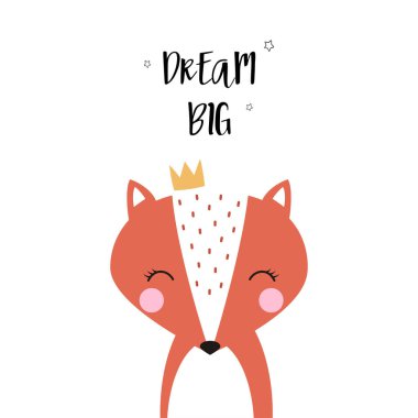 sevimli çizgi fox metin ile taç Yazdır ve yıldız, çocukça yazdırmak için kreş, Çocuk giyim, poster, komik kartpostal