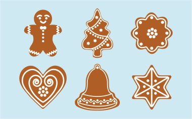 Gingerbread Noel kurabiyeleri. Noel ağacı, zencefilli kurabiye adam, yıldız, çan, kalp yılbaşı süslemeleri