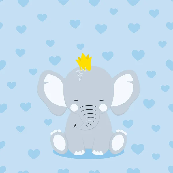 卡通风格的图标搞笑大象在冠与心 简单的幼稚字符为婴儿淋浴贺卡 — 图库矢量图片