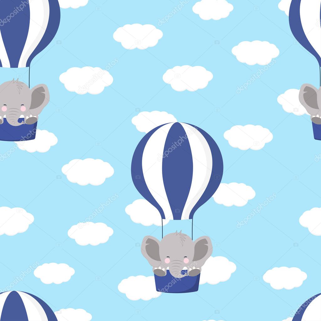cartoon style pattern of funny elephant on air ballon on backgroung with clouds, simple childish character for baby shower greeting wallpaper