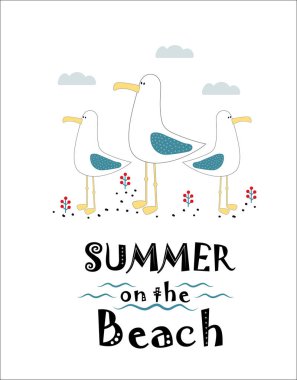 Çocuklar, kuşlarla arka planını çiçekler ve bulutlar ile metin yaz sahilde çizim şirin için vektör deniz kuş çizim düz bir tarzda komik martılar