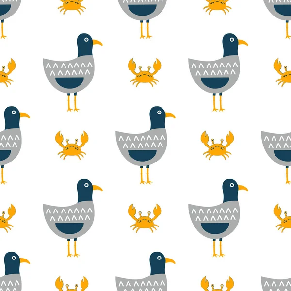 Zabawny Mewy Stylu Płaski Ilustracja Morze Ptak Wektor Dla Dzieci — Wektor stockowy