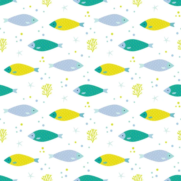 孤立した白い背景 テキスタイル ファブリック 男の子と女の子 魚と海藻の花の壁紙のための Web のパターン ベクトルの面白い魚の Samless パターン — ストックベクタ