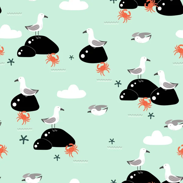 Забавные Чайки Плоском Стиле Векторные Морские Птицы Узор Детей Милые — стоковый вектор