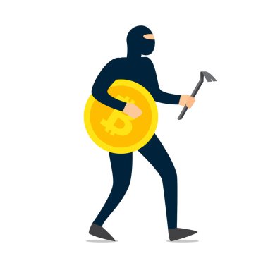 Internet kesmek finans sahtekarlık. Hırsız hacker altın cryptocurrency bitcoin ile çalışan karanlık maske giymiş. Vektör çizim
