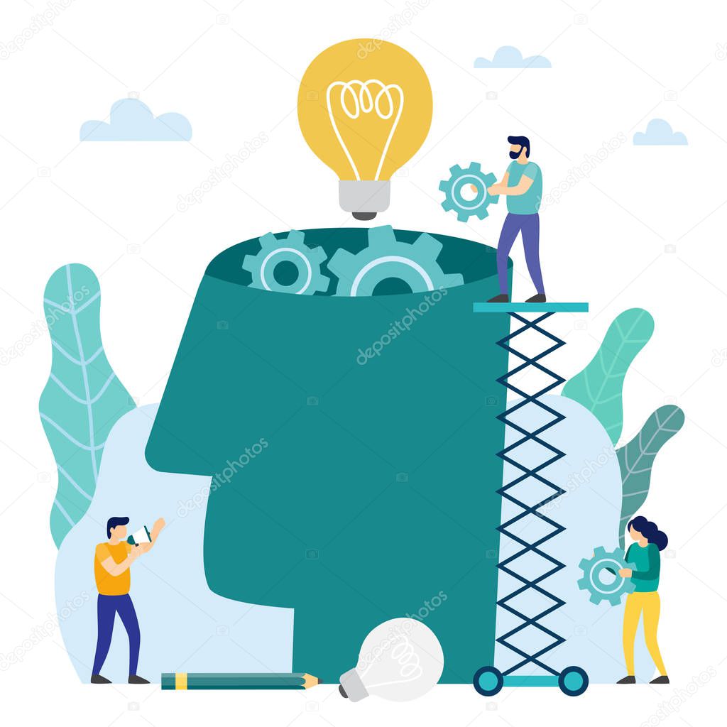 Head filled of ideas and creative, analytics, replacing old with new. Persons is engaged in joint search for ideas. Vector illustration