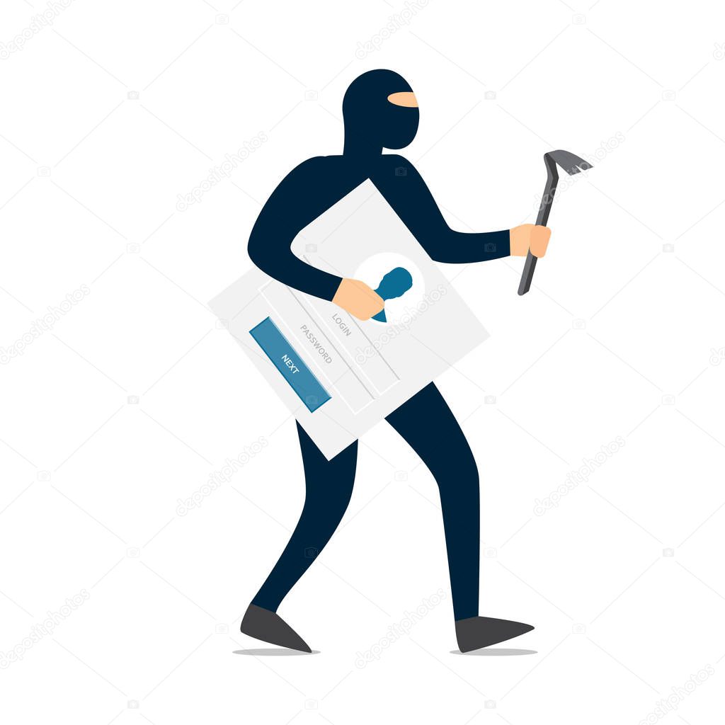 Thief hacker stealing sensitive data as passwords. Concept hacking internet social network. Data phishing. Vector Illustration
