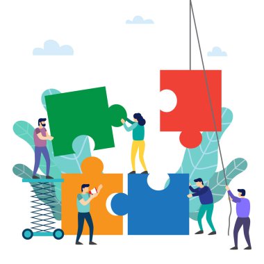 Ekip çalışması. İnsanlar bağlantı bulmaca öğeleri. Takım çalışması, işbirliği, ortaklık vektör çizim sembolü