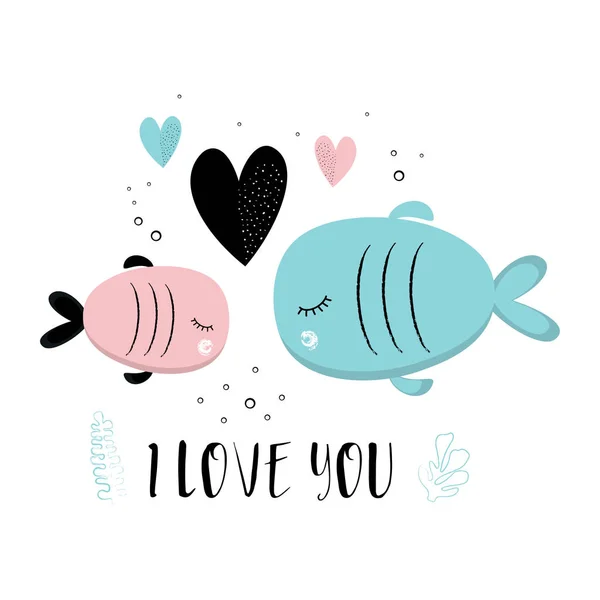北欧スタイル バレンタインデーのため保育園のポスター カード マグカップ グリーティング カードのユニークなプリント面白い魚の漫画 — ストックベクタ