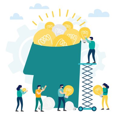 Fikir ve analiz için düşünüyor kafası dolu. Birlikte Şirket, beyin fırtınası, eski fikirler ile yeni yerine çalışma yeni fikirler çözümler aranıyor. Vektör çizim