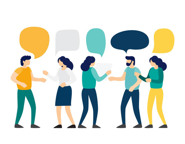 Men and women talk to each other with speech bubbles. Business discussion and brainstorming. Vector illustration.