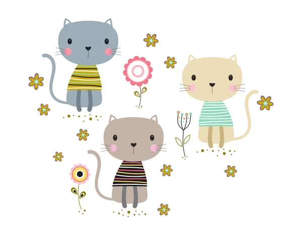 Листівка Милими Кішками Квітами Щасливі Мультяшні Тварини Квітковому Тлі Ілюстрація — стоковий вектор