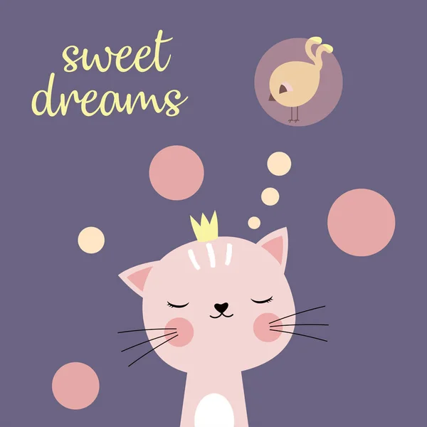 かわいい漫画の猫と碑文の甘い夢 紫色の背景に魅力的なハローキティのグリーティング カード かわいいペットのレタリングと鳥のポスター — ストックベクタ