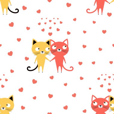 Aşık kedi, kalpler ve çiçekler zemin üzerine iki lovered kedi desenle Sevgililer