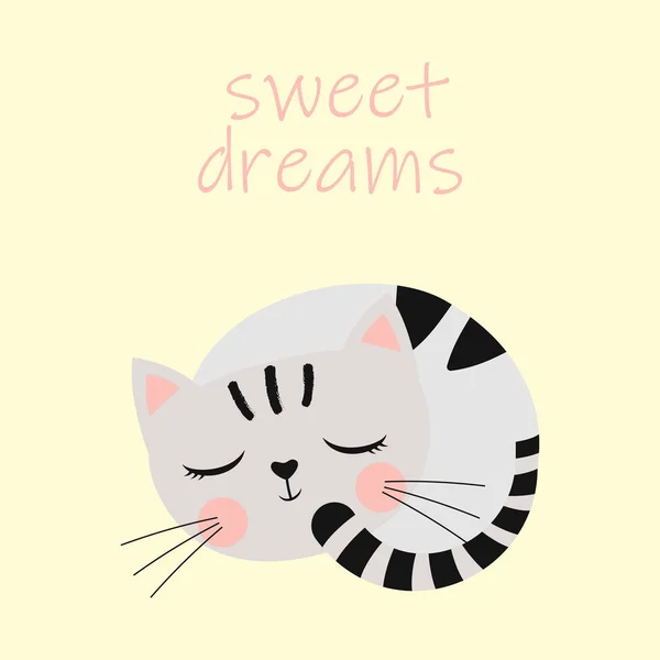 甜睡觉的猫在米色背景 可爱的动画片小猫和文字甜的梦想 卡片为设计打印 — 图库矢量图片