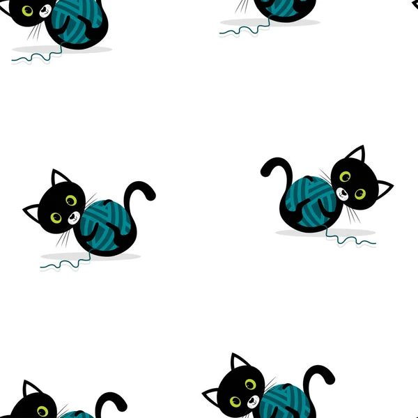 白い背景の上にボールを持つかわいい漫画猫文字のボールで遊ぶ子猫のパターン — ストックベクタ