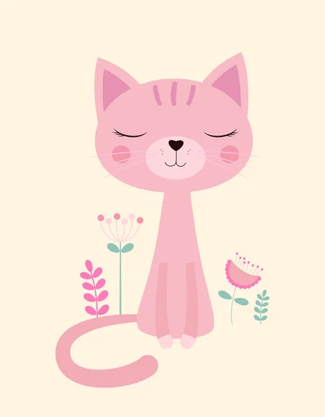 sweet pink cat, cute cartoon kitty with flowers, card for design prints, posters and so on