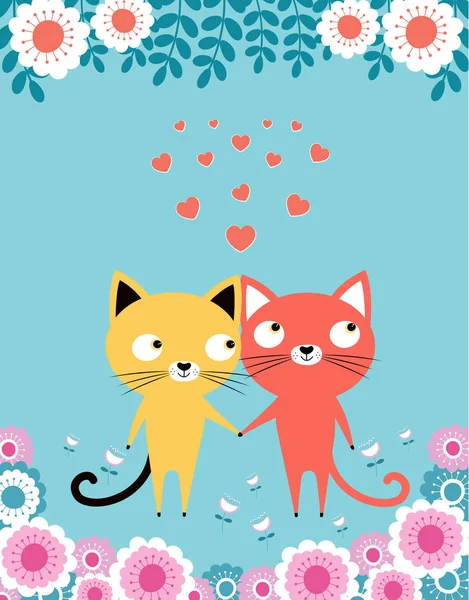 Valentine Card Iubitori Pisici Două Pisici Iubite Fundal Inimi Flori — Vector de stoc