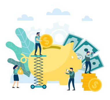 Büyük kumbara. Adam tırmanış onun kumbara koydu. Finansal hizmetler. Vektör çizim