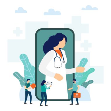 Çevrimiçi tıbbi danışmanlık ve destek. Çevrimiçi doktor. Vektör illüstrasyonu