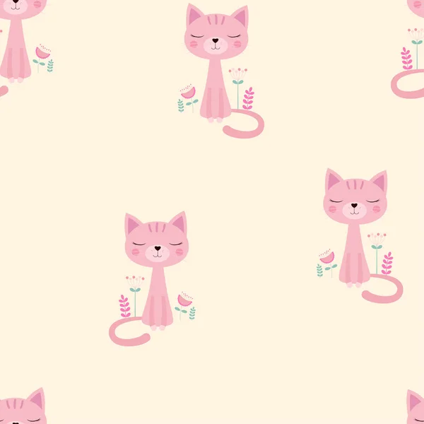 Patrón Con Lindo Gato Rosa Flores Bacground Beige Diseño Para — Vector de stock