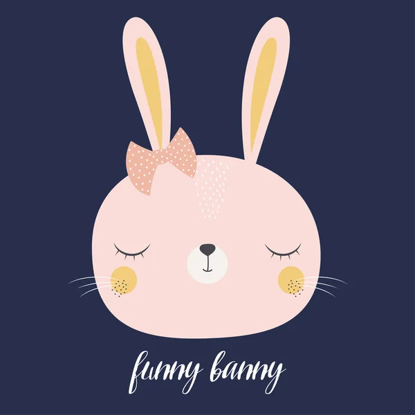 Cute Rabbit Bow Isolated Blue Background Lettering Funny Bunny Print — Stock Vector