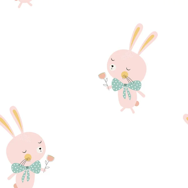可爱的兔子与弓和花隔离在白色背景 打印为任何设计 快乐复活节兔子向量例证 滑稽的兔子动画片字符 问候壁纸 无缝的样式 — 图库矢量图片