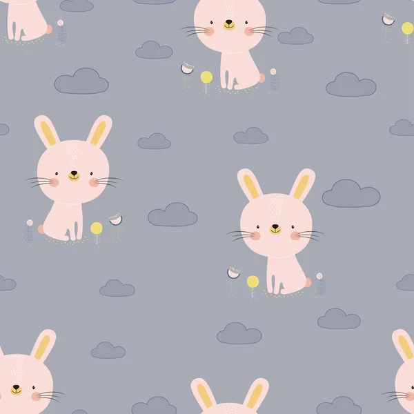 cute rabbit isolated on grey background with flowers and clouds, print for any design, Happy Easter Bunny Vector illustration, funny Rabbit cartoon character, greeting wallpaper, seamless pattern