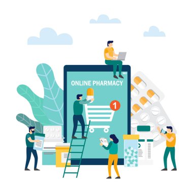 Online eczane konsepti. Adam ve eczane smartphone ekranında. Düz stil vektör çizim