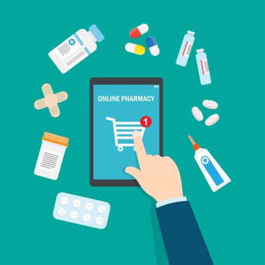 Online eczane konsepti. Adam ve eczane smartphone ekranında. Düz stil vektör çizim