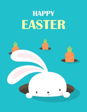 Paskalya tavşanı vektör çizim, sevimli tavşan üzerinde mavi arka plan, güzel bunny, havuç ve metin mutlu paskalya kartı izole karakter karikatür.