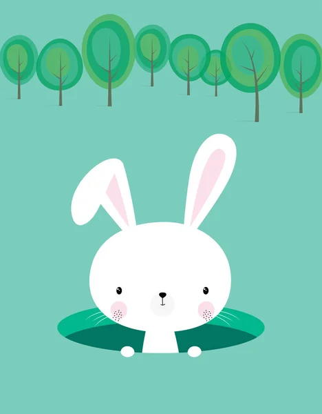 easter bunny vector illustration, cute rabbit cartoon character isolated on green background, card with pretty bunny and trees