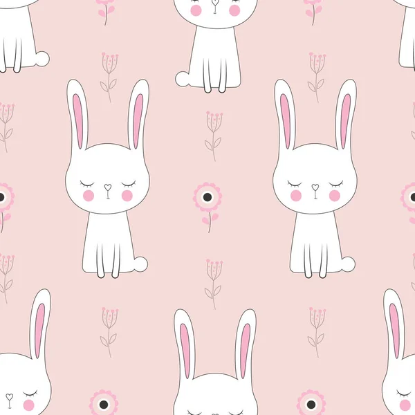 Бесшовный Скандинавский Рисунок Милых Белых Кроликов Цветами Розовом Фоне Пасхальный — стоковый вектор