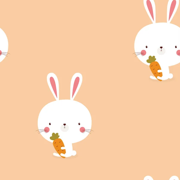 Бесшовный Рисунок Милые Белые Кролики Морковью Розовом Фоне Пасхальный Кролик — стоковый вектор