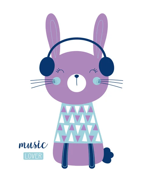 Happy Easter Bunny Isolated White Rabbit Headphones Simpless Background Greeting — Stock Vector