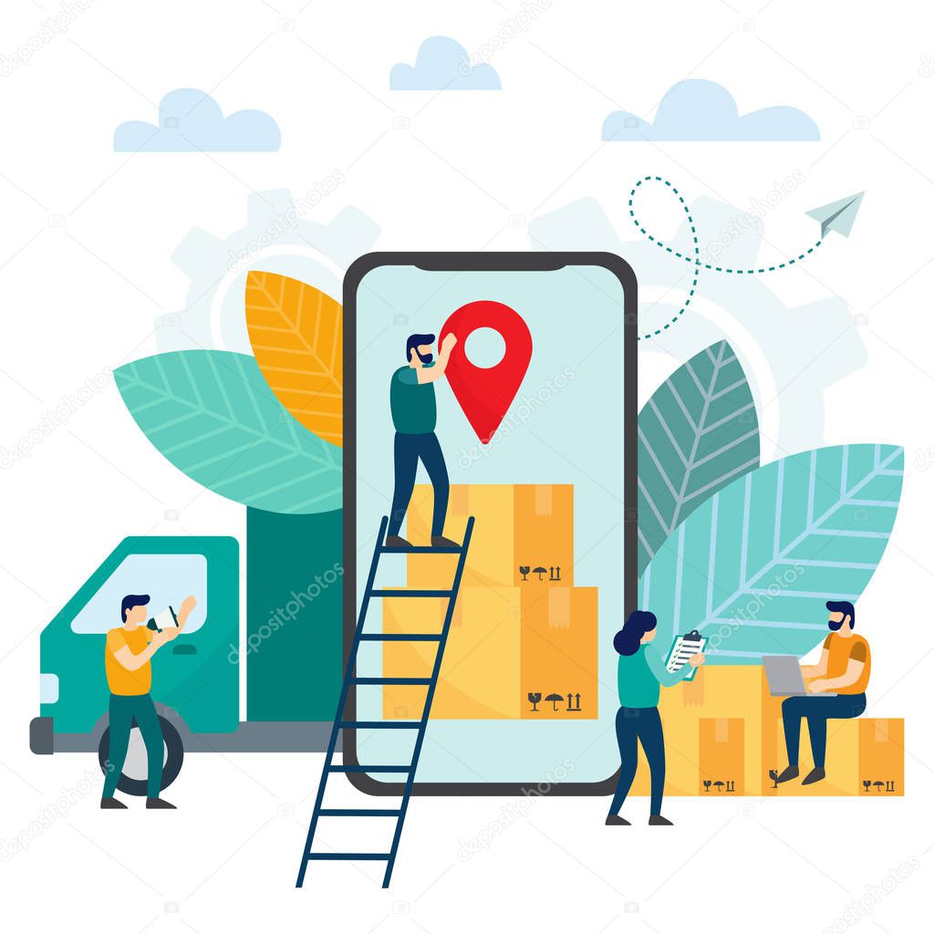 Online Tracking the movement of parcels in a smartphone, logistics and transportation, delivery service. Workers in Uniform with Parcels. Vector illustration