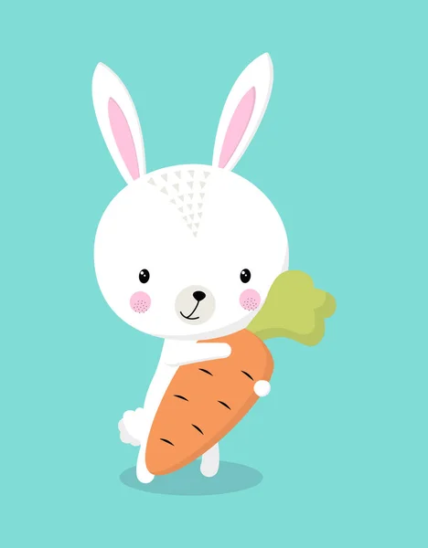 Rabbit Carrot Isolated Blue Background Happy Easter Greeting Card Bunny — Stock Vector