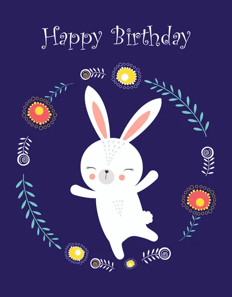 手绘向量例证可爱的兔子与花的圆环隔绝 可用于问候生日卡片 时尚图形 — 图库矢量图片